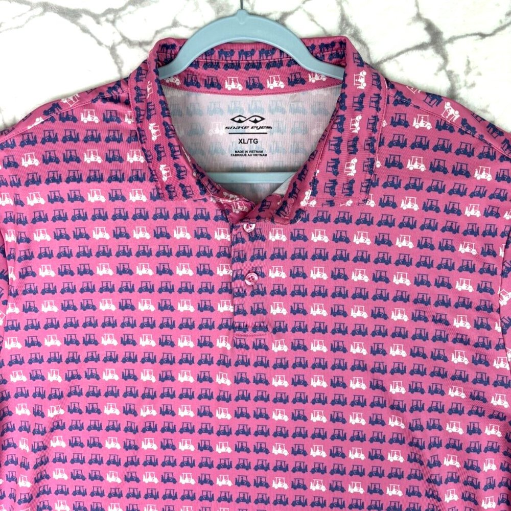 SNAKE EYES Golf Polo Shirt Men's XL Bright Pink Blue White Golf Carts Allover